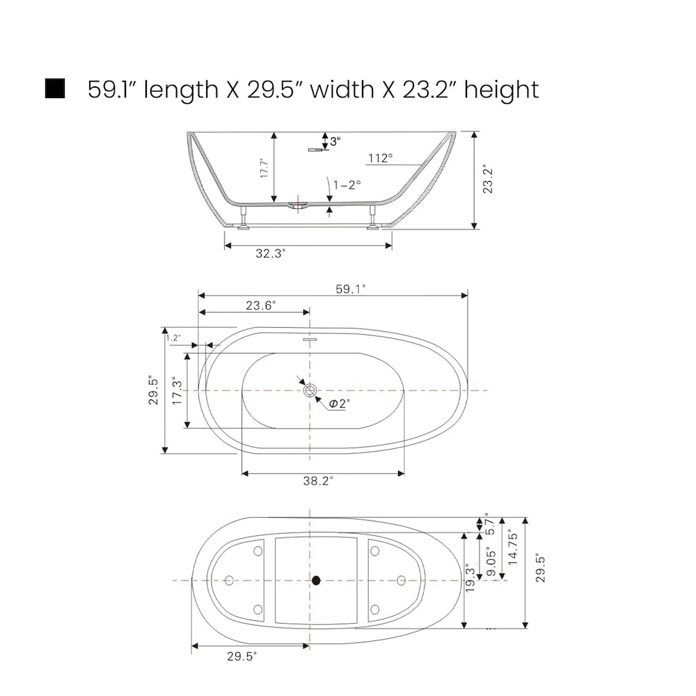 Bayonne 5-ft. Freestanding Oval Soaker Bathtub with Centre Drain in White/Integrated Overflow