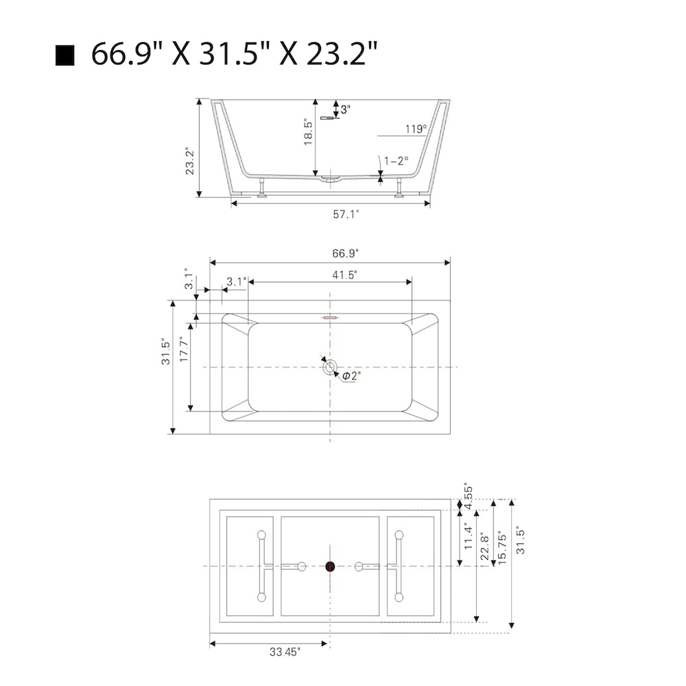 Baignoire autoportante rectangulaire Tarbes de 67 pouces avec drain central en blanc pur