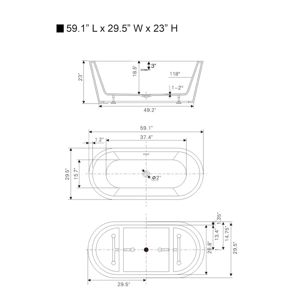 Bourdeaux 59 inch Freestanding Oval Soaker Bathtub with Centre Drain in White/Integrated Overflow