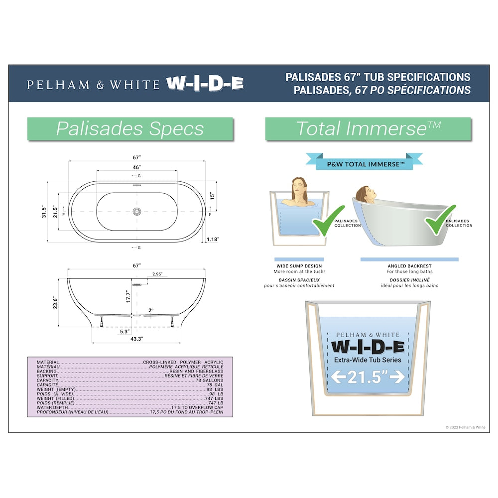 Palisades 67 inch Acrylic Freestanding Oval Bathtub in White, Faucet in Brushed Nickel
