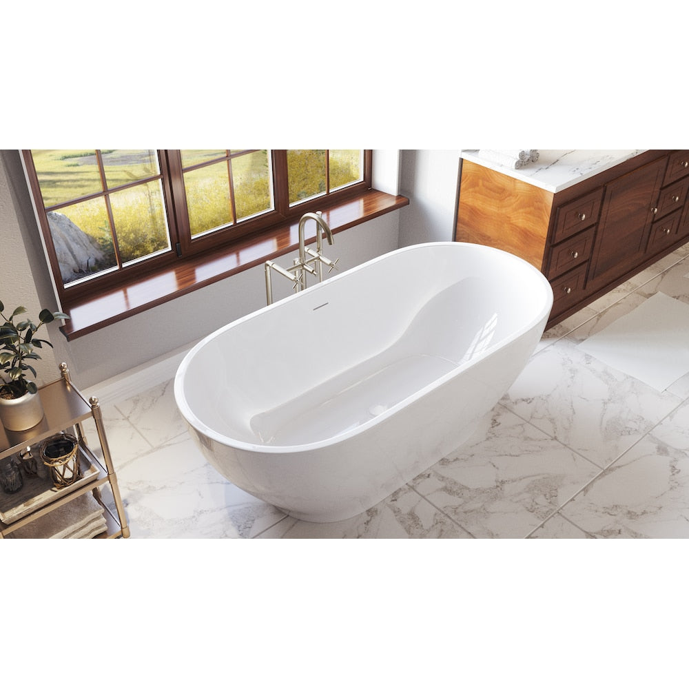 Palisades 67 inch Acrylic Freestanding Oval Bathtub in White, Faucet in Brushed Nickel