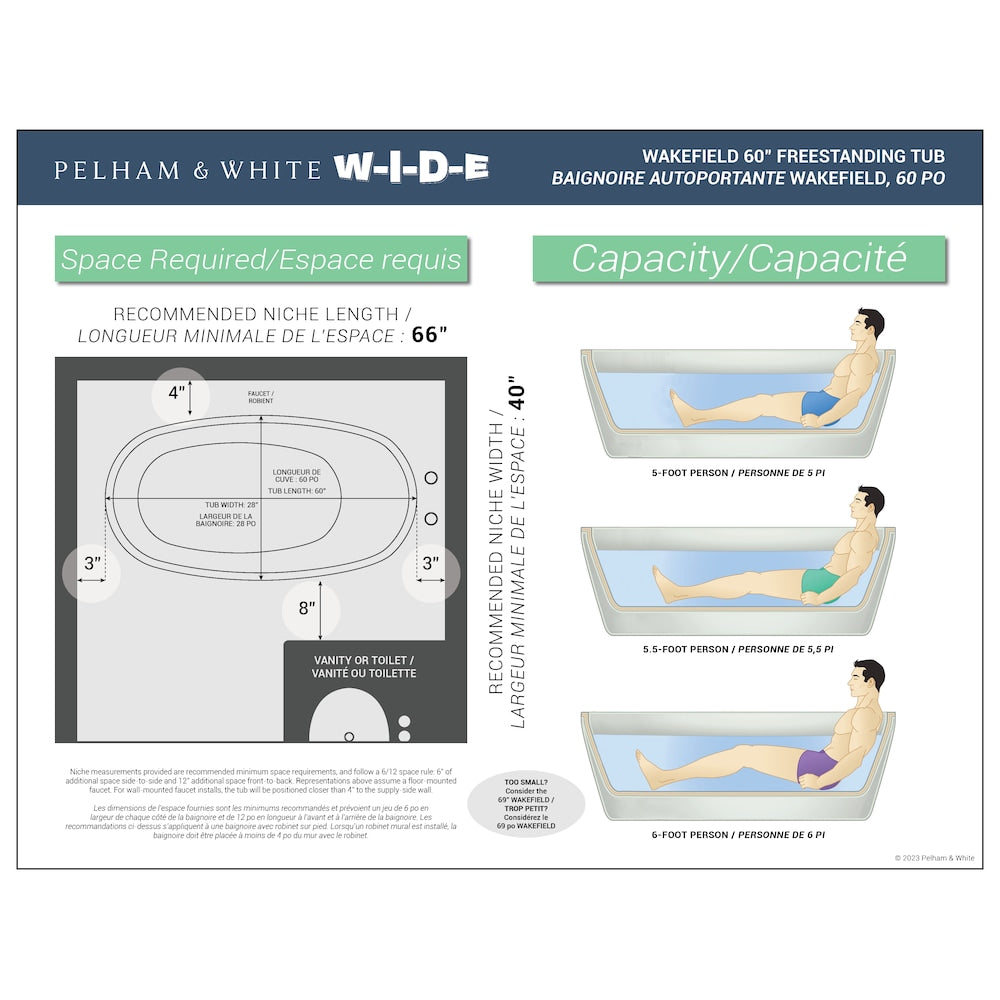 Wakefield 60 inch Acrylic Slipper Freestanding Bathtub in White, Faucet in Brushed Nickel