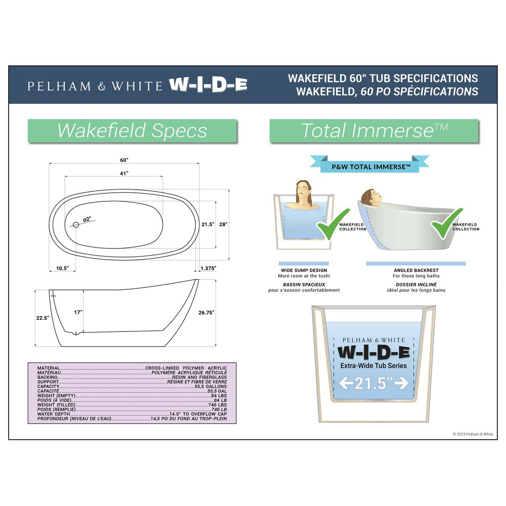 Wakefield 60 inch Acrylic Slipper Freestanding Bathtub in White, Faucet in Brushed Nickel