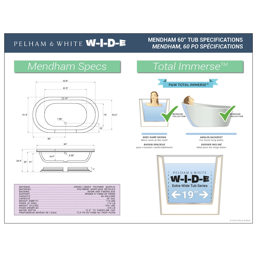 Mendham 60 inch Acrylic Freestanding Pedestal Bathtub in White, Faucet in Brushed Nickel