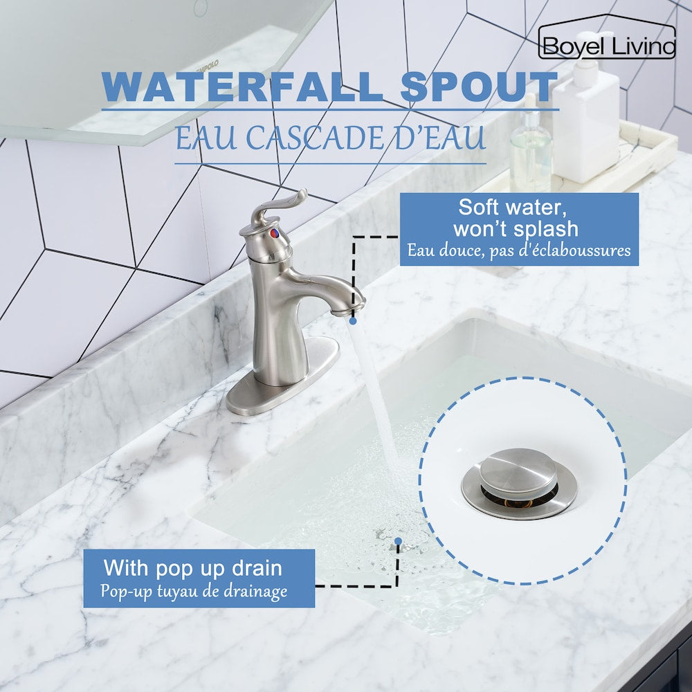 Robinet de salle de bain à poignée unique avec bonde escamotable et plaque de pont en nickel brossé