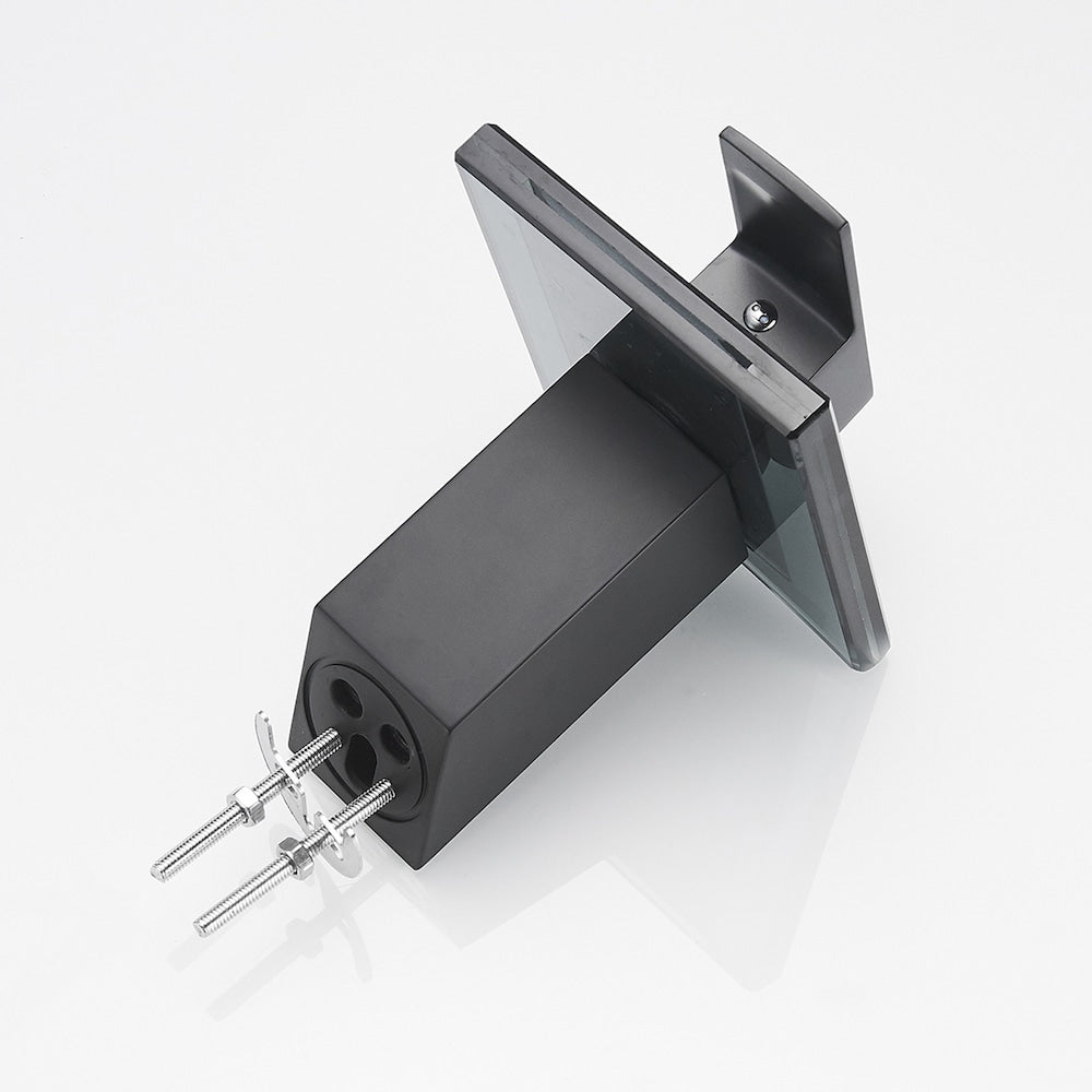 Robinet de salle de bain monotrou à cascade et poignée unique à arc bas avec bec en verre en noir mat