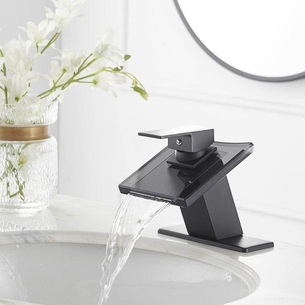 Robinet de salle de bain monotrou à cascade et poignée unique à arc bas avec bec en verre en noir mat