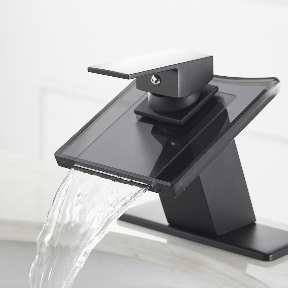 Robinet de salle de bain monotrou à cascade et poignée unique à arc bas avec bec en verre en noir mat