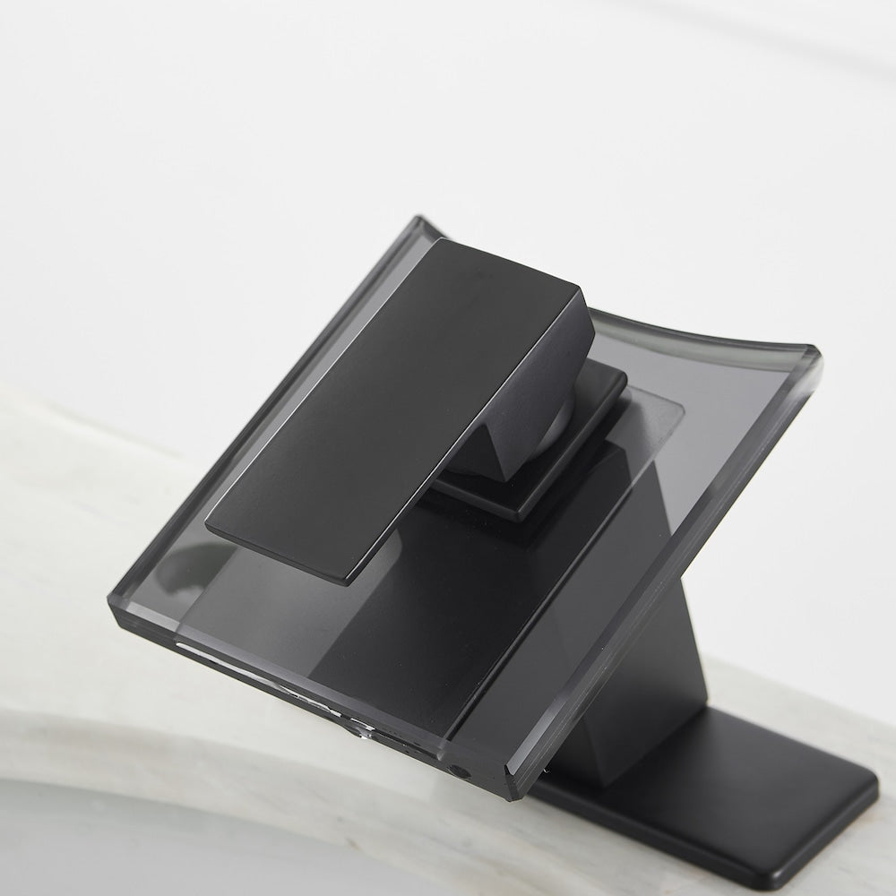 Robinet de salle de bain monotrou à cascade et poignée unique à arc bas avec bec en verre en noir mat