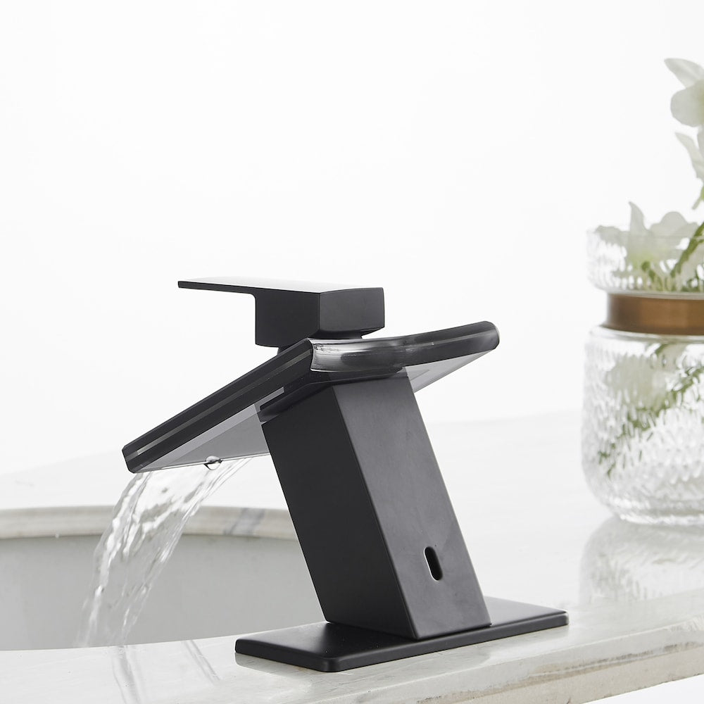 Robinet de salle de bain monotrou à cascade et poignée unique à arc bas avec bec en verre en noir mat