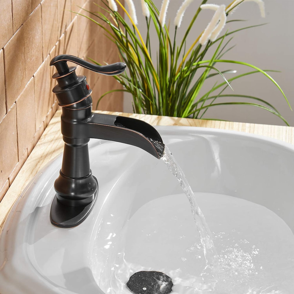 Robinet de salle de bain à un trou et à poignée unique en cascade avec ensemble de vidange en bronze huilé