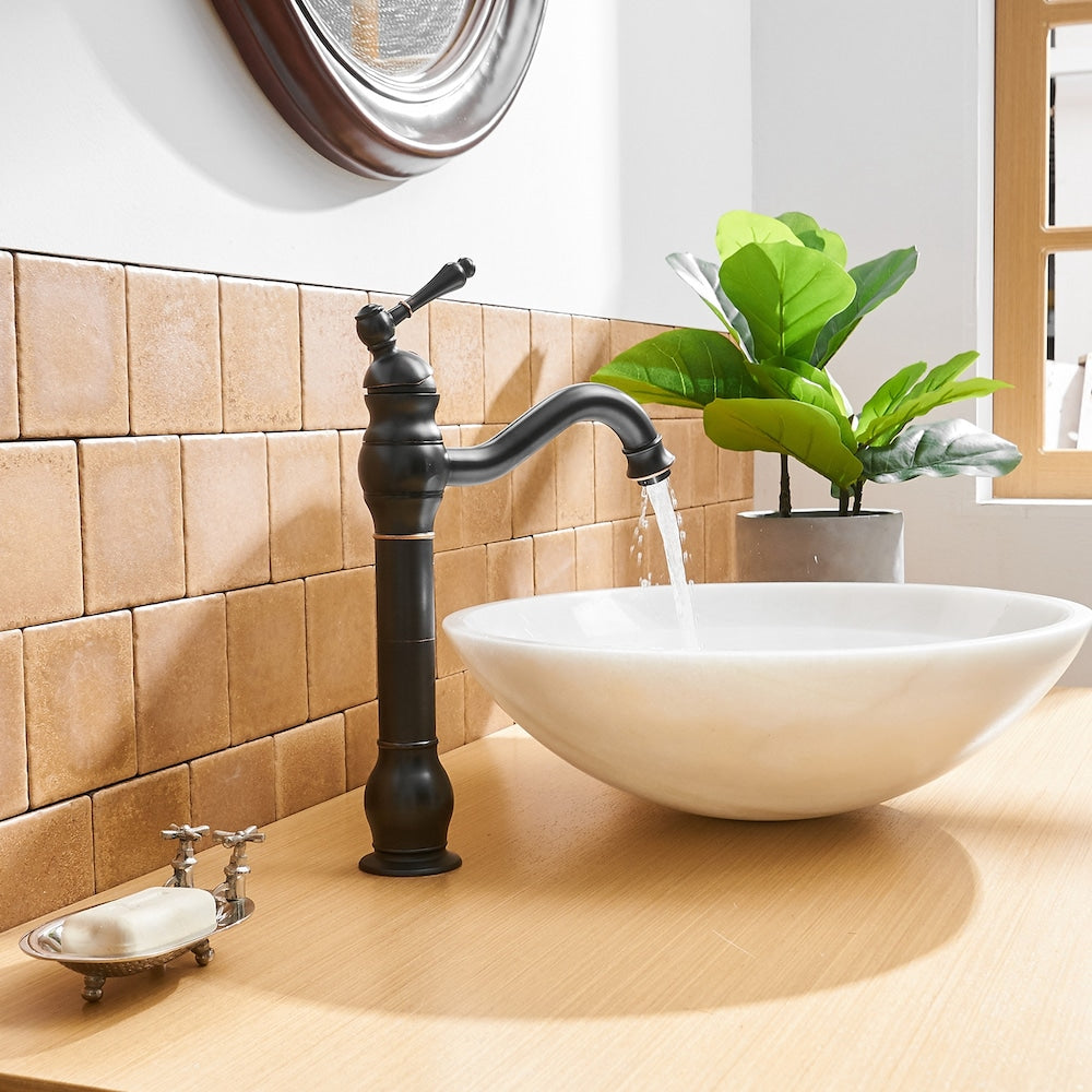 Robinet de lavabo de salle de bains à poignée unique et trou unique avec bec pivotant à 360 ° en bronze huilé