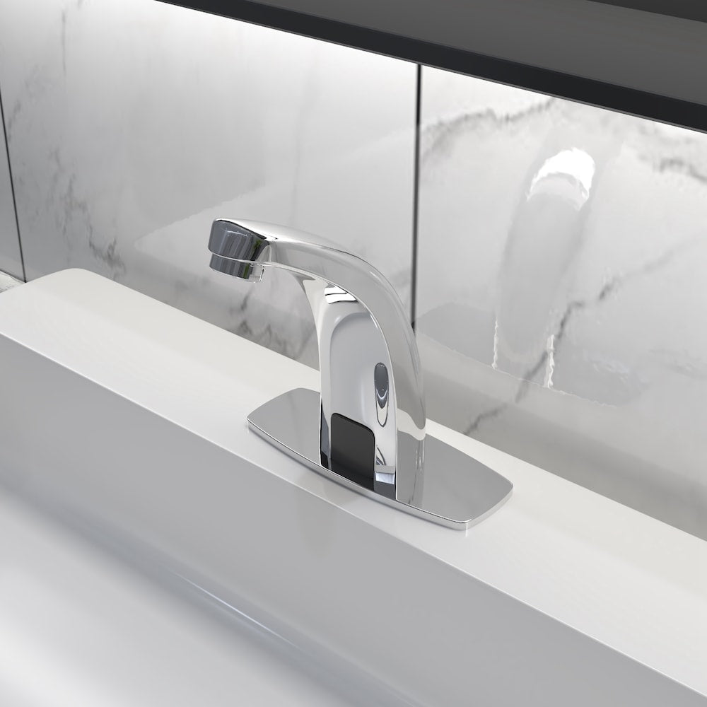 Robinet de lavabo de salle de bain automatique sans contact avec capteur et plaque de pont en chrome poli