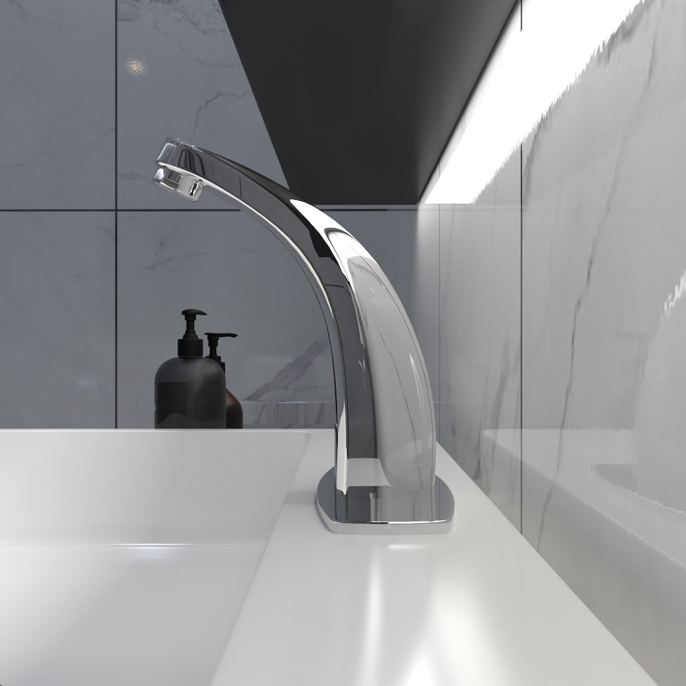 Robinet de lavabo de salle de bain automatique sans contact avec capteur et plaque de pont en chrome poli