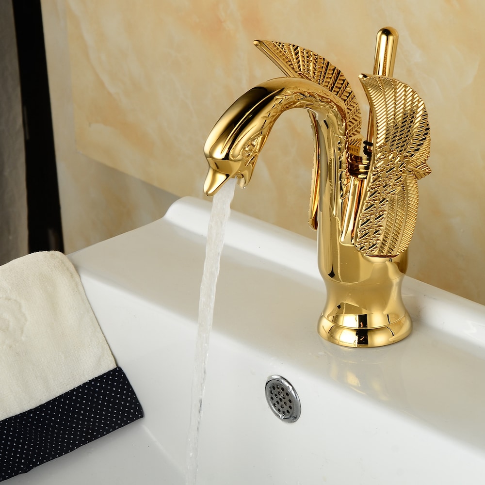 Robinet de salle de bain à poignée unique et trou unique Swan avec couvercle de trop-plein et de vidage escamotable en or