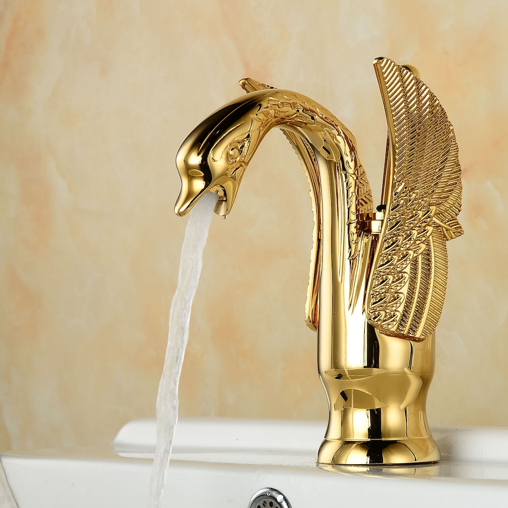 Robinet de salle de bain à poignée unique et trou unique Swan avec couvercle de trop-plein et de vidage escamotable en or