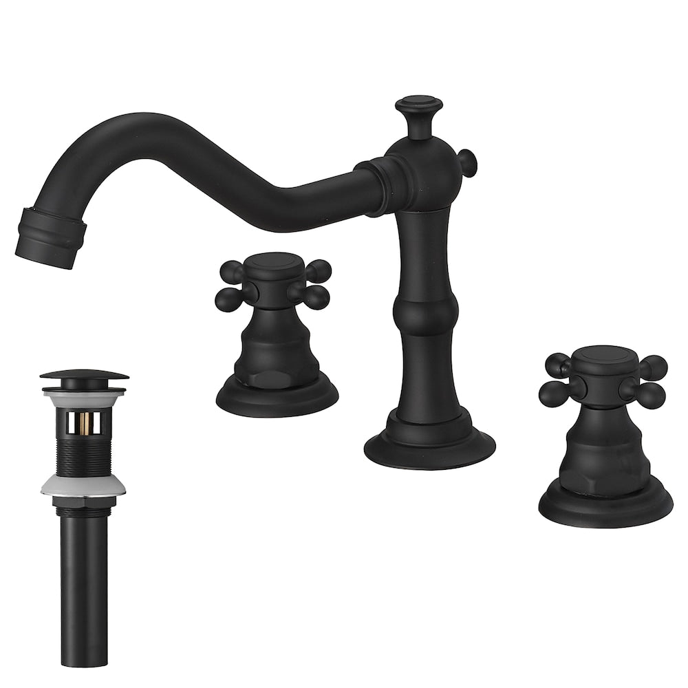Robinet de salle de bain à 2 poignées et 3 trous de 8 pouces avec kit de vidange et conduites d'alimentation en noir mat