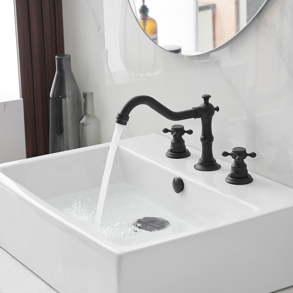 Robinet de salle de bain à 2 poignées et 3 trous de 8 pouces avec kit de vidange et conduites d'alimentation en noir mat