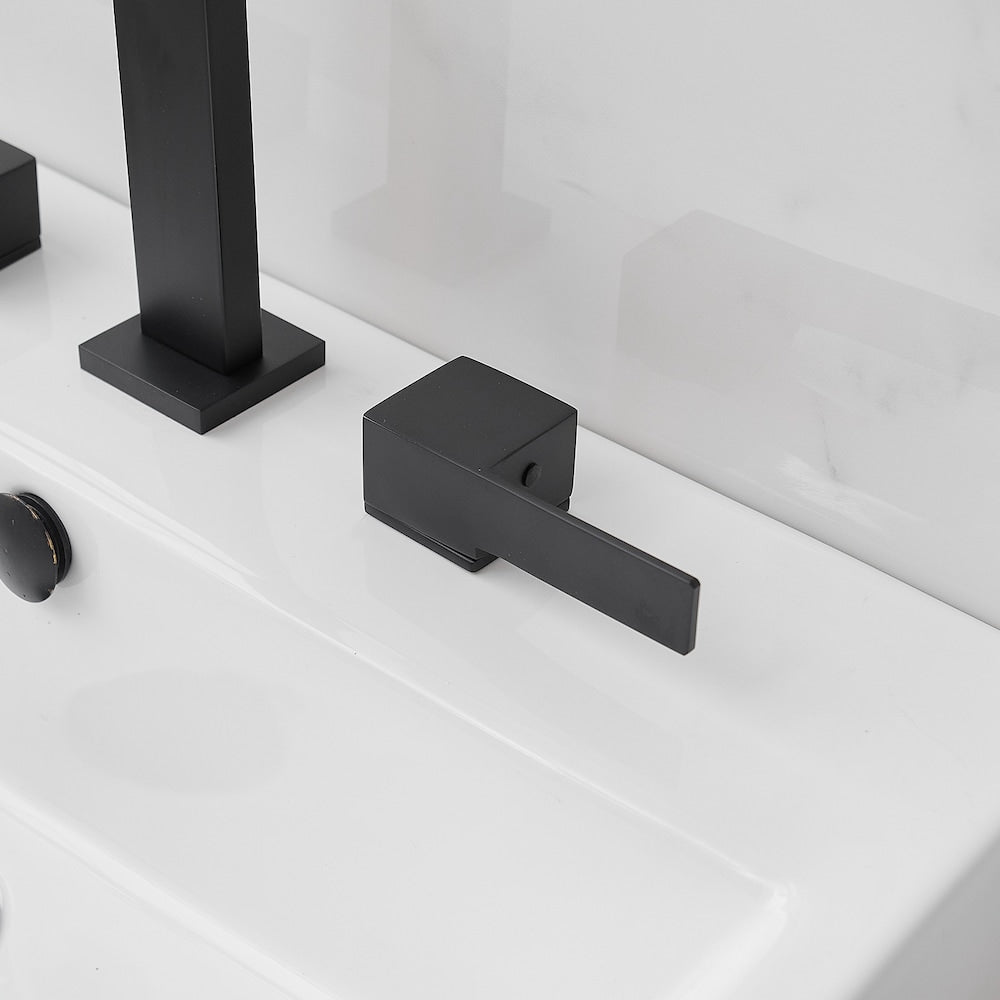 Robinet de salle de bain à double poignée à arc élevé de 8 pouces à économie d'eau avec kit de vidange en noir mat