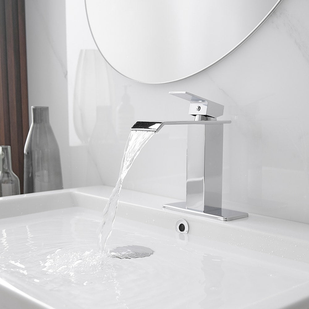 Robinet de salle de bain monotrou à poignée unique avec ensemble de vidage escamotable en chrome poli