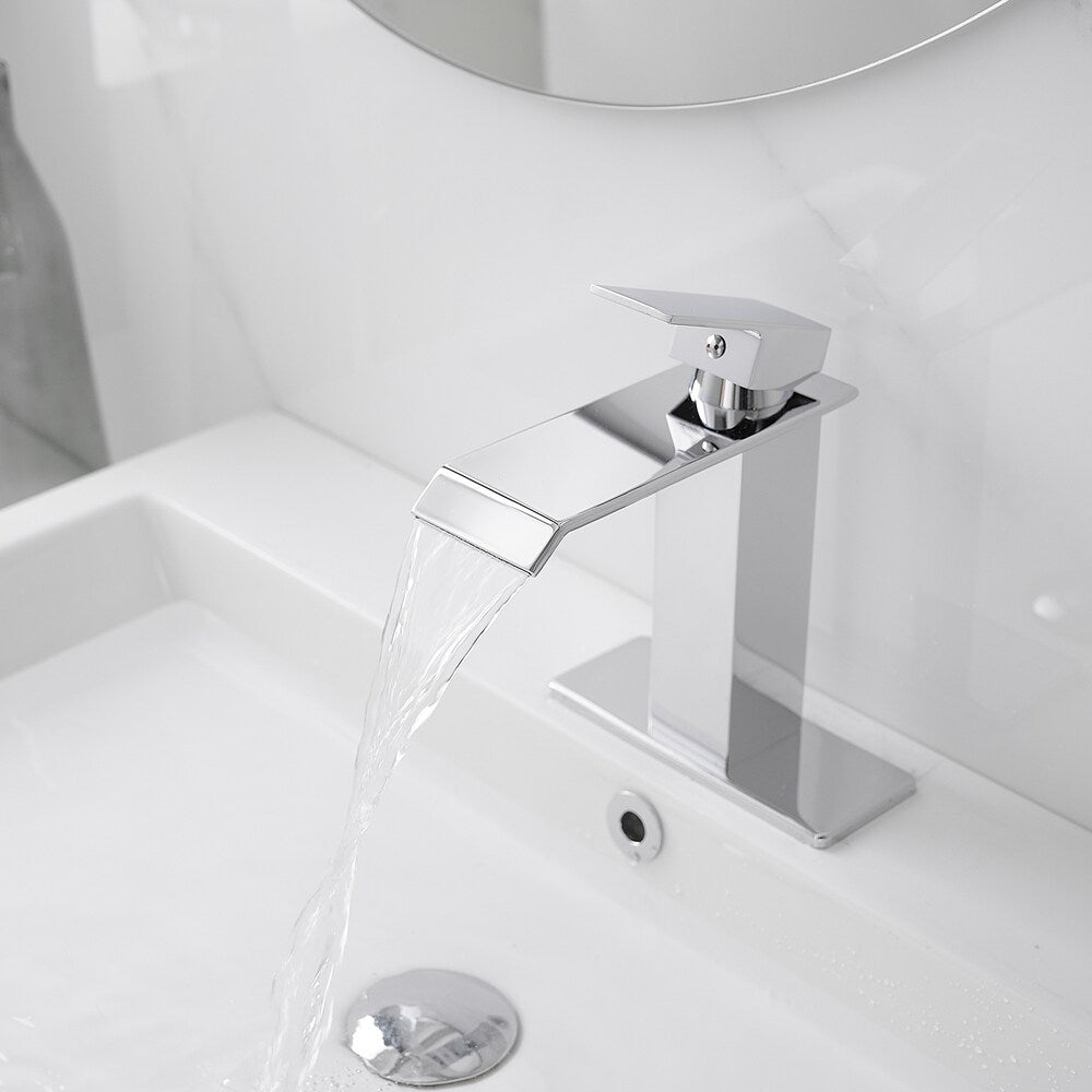 Robinet de salle de bain monotrou à poignée unique avec ensemble de vidage escamotable en chrome poli