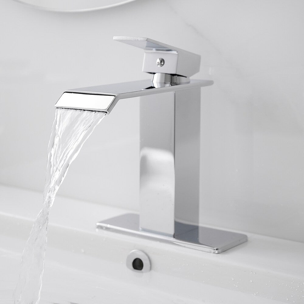 Robinet de salle de bain monotrou à poignée unique avec ensemble de vidage escamotable en chrome poli