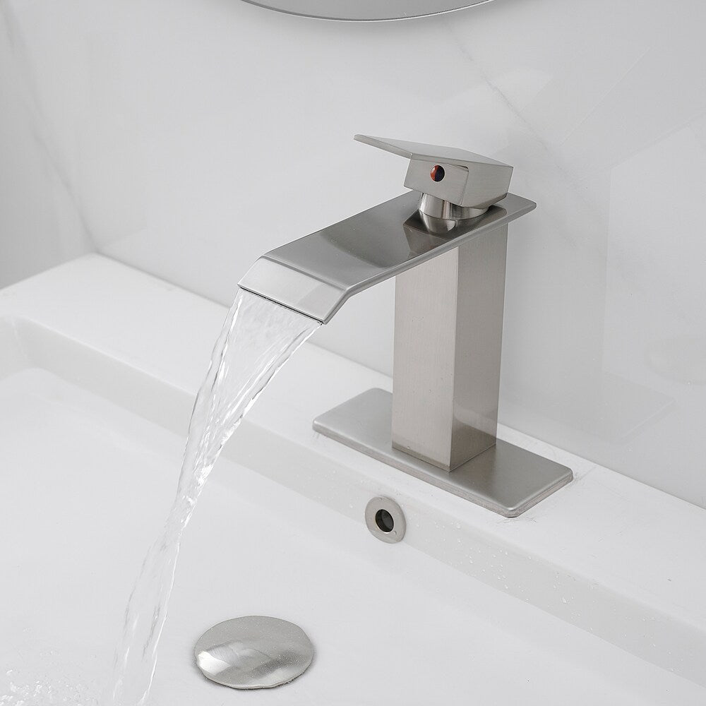 Robinet de salle de bain monotrou à poignée unique avec ensemble de vidage escamotable en nickel brossé