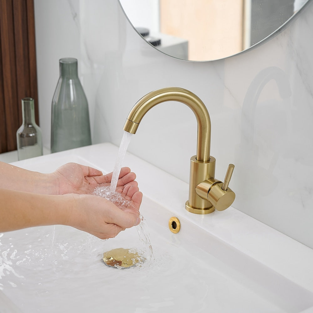 Robinet de salle de bain monotrou à poignée unique et bec pivotant en or brossé