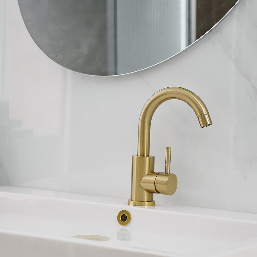 Robinet de salle de bain monotrou à poignée unique et bec pivotant en or brossé