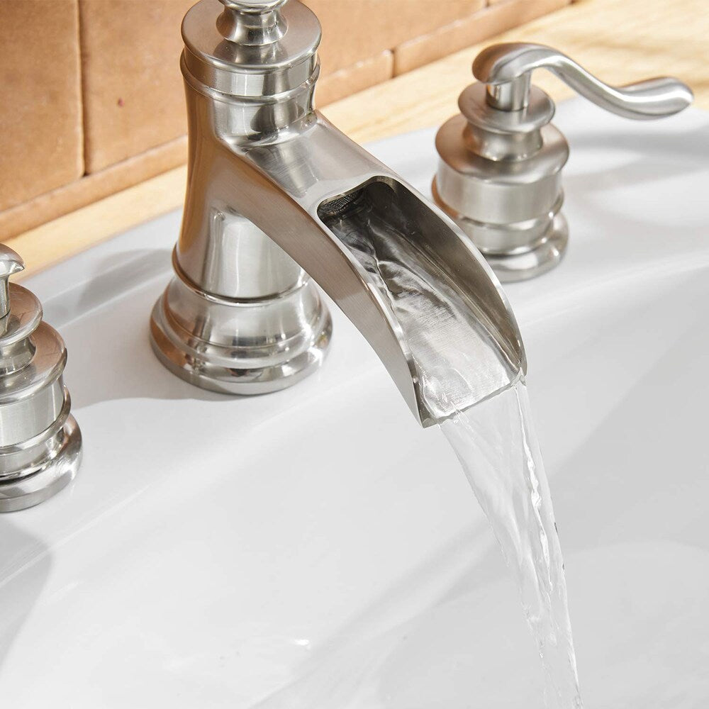 Robinet de salle de bain à double poignée et cascade de 8 pouces avec ensemble de vidange en nickel brossé