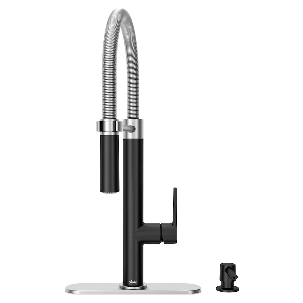 Robinet de cuisine semi-professionnel Cayenne à poignée unique et à double jet rétractable en noir mat/acier inoxydable avec distributeur de savon (robinet et plaque de pont inclus)