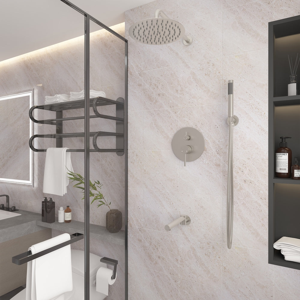 Wall Mounted 10 inch Fixed and Hand Shower Set with Swivel Bathtub Spout in Matte Brushed Nickel