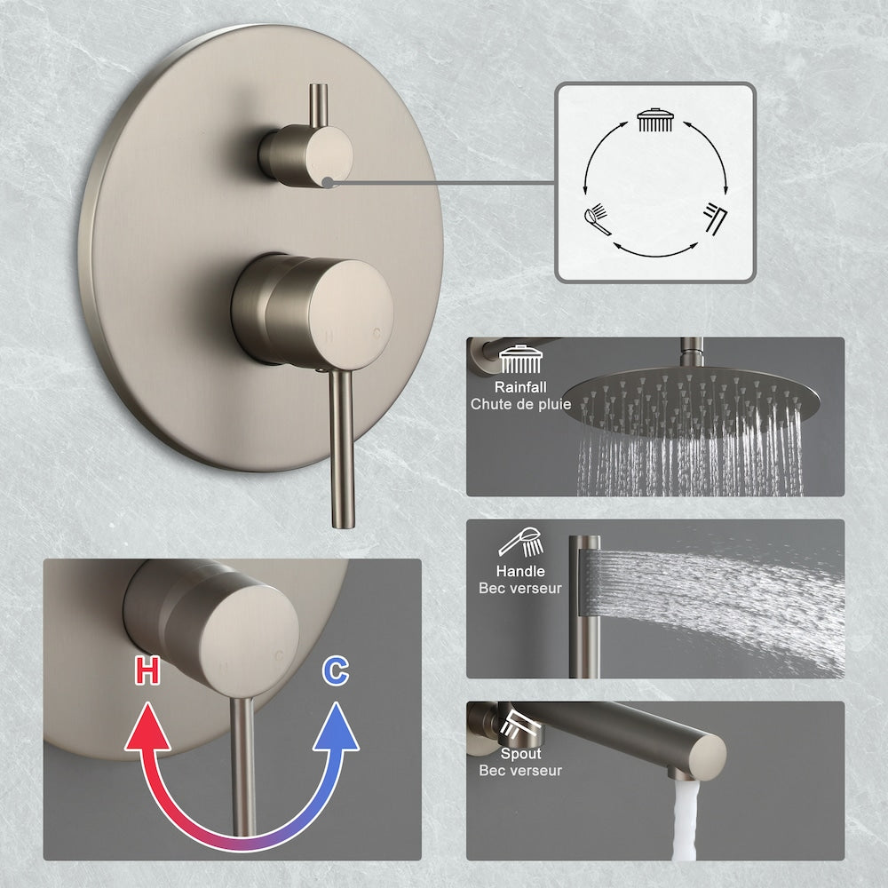 Wall Mounted 10 inch Fixed and Hand Shower Set with Swivel Bathtub Spout in Matte Brushed Nickel