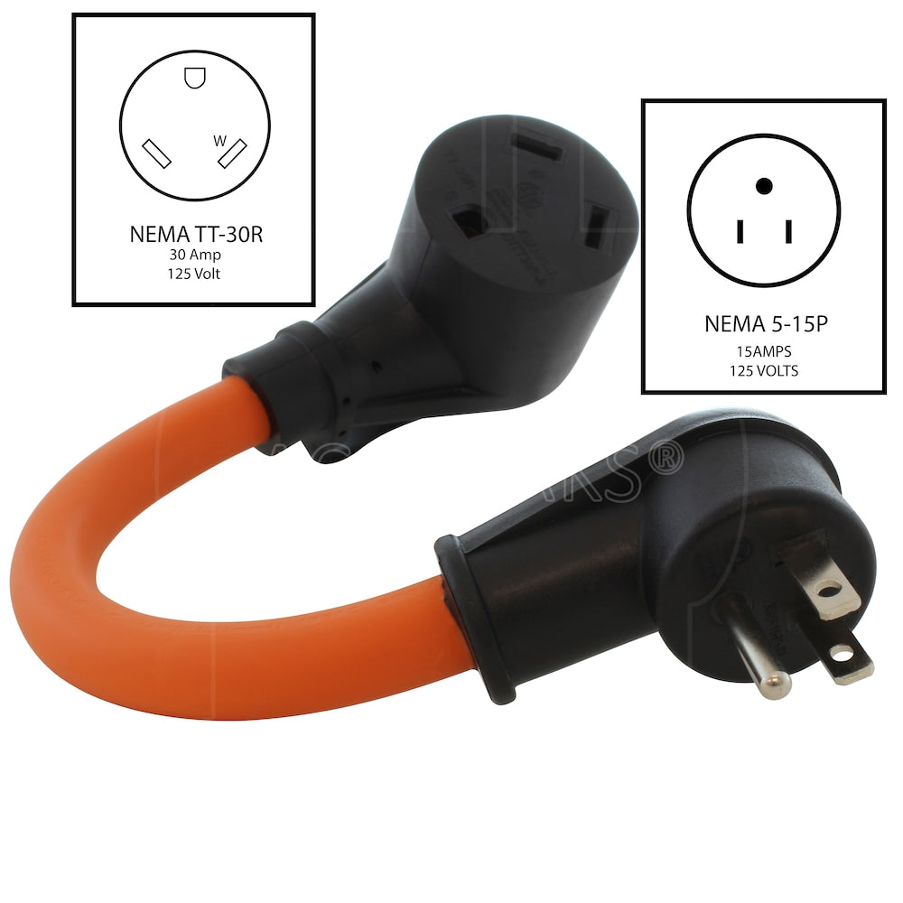 1ft. 15A Household Plug to RV TT-30 30A 125V RV Female Connector