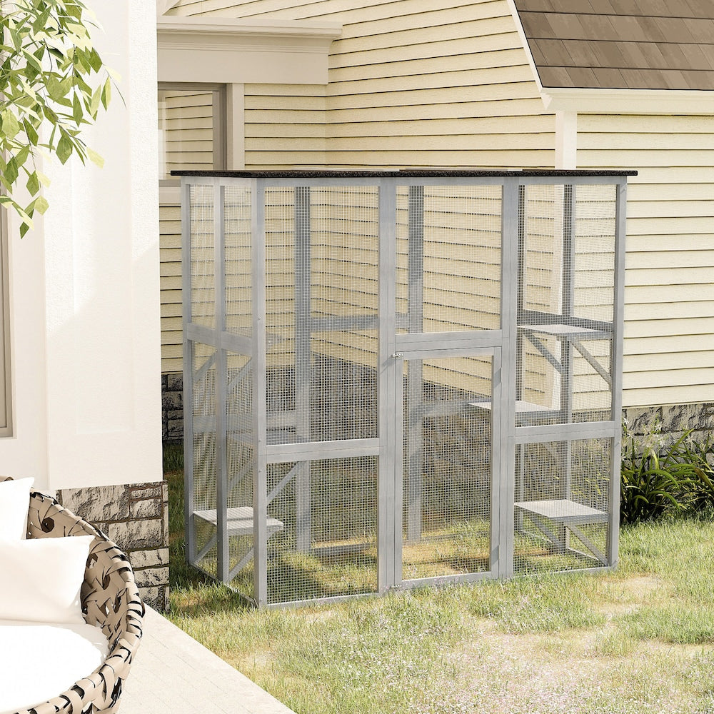 Enclos pour chat extérieur, terrasse en bois pour chat avec 6 plates-formes équilibrées et toit en asphalte, gris