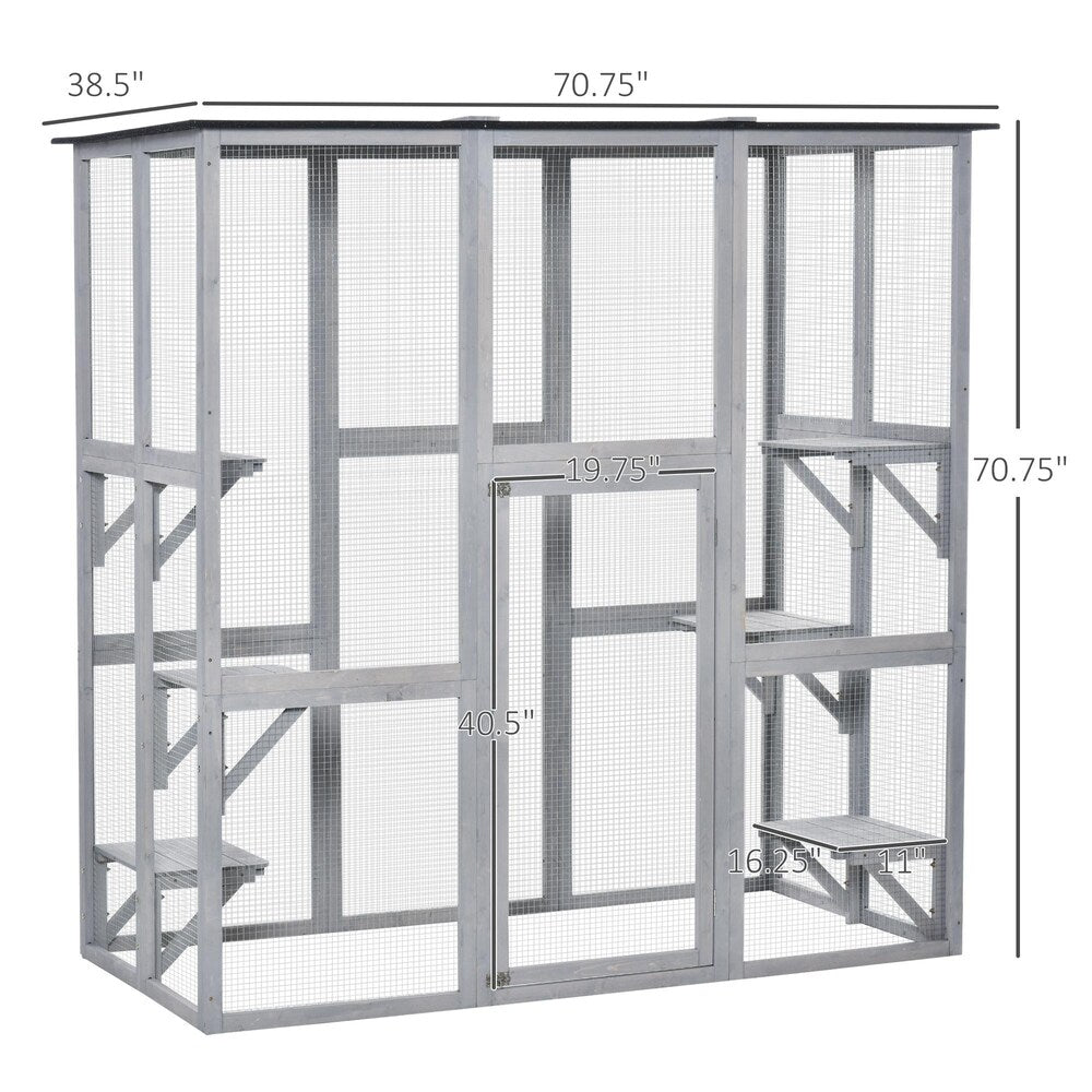 Enclos pour chat extérieur, terrasse en bois pour chat avec 6 plates-formes équilibrées et toit en asphalte, gris