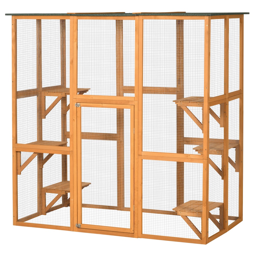 Grand enclos pour chat, terrasse en bois pour chat avec 6 plates-formes équilibrées et toit en asphalte, orange