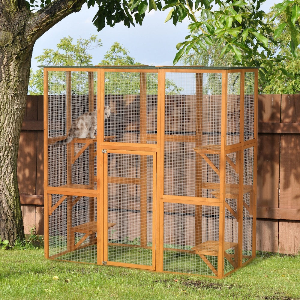 Large Catio Enclosure, Wooden Cat Patio with 6 Balanced Platforms and Asphalt Roof, Orange