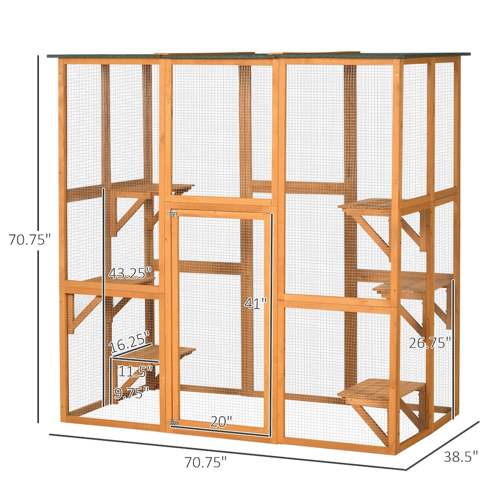 Grand enclos pour chat, terrasse en bois pour chat avec 6 plates-formes équilibrées et toit en asphalte, orange