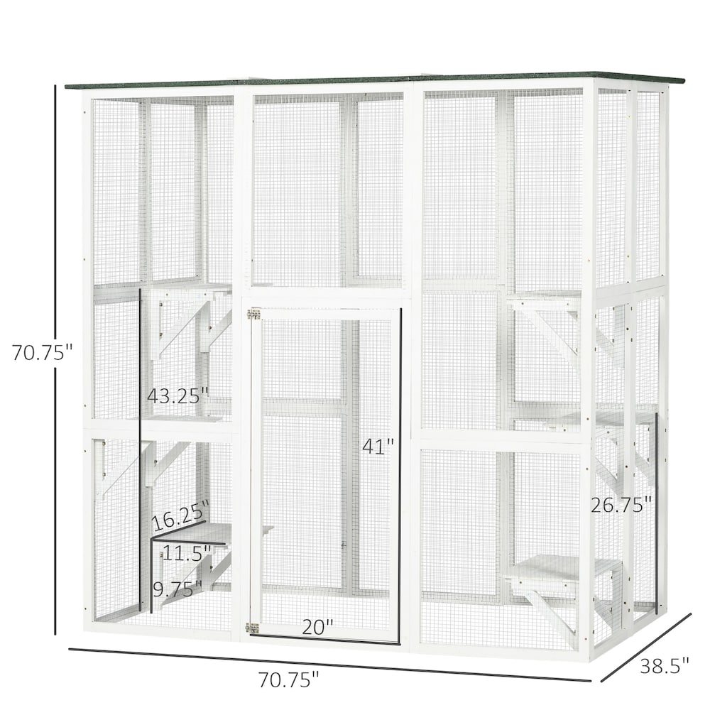 Large Outdoor Catio Enclosure, Wooden Cat Patio 6 Balanced Platforms and Asphalt Roof, White