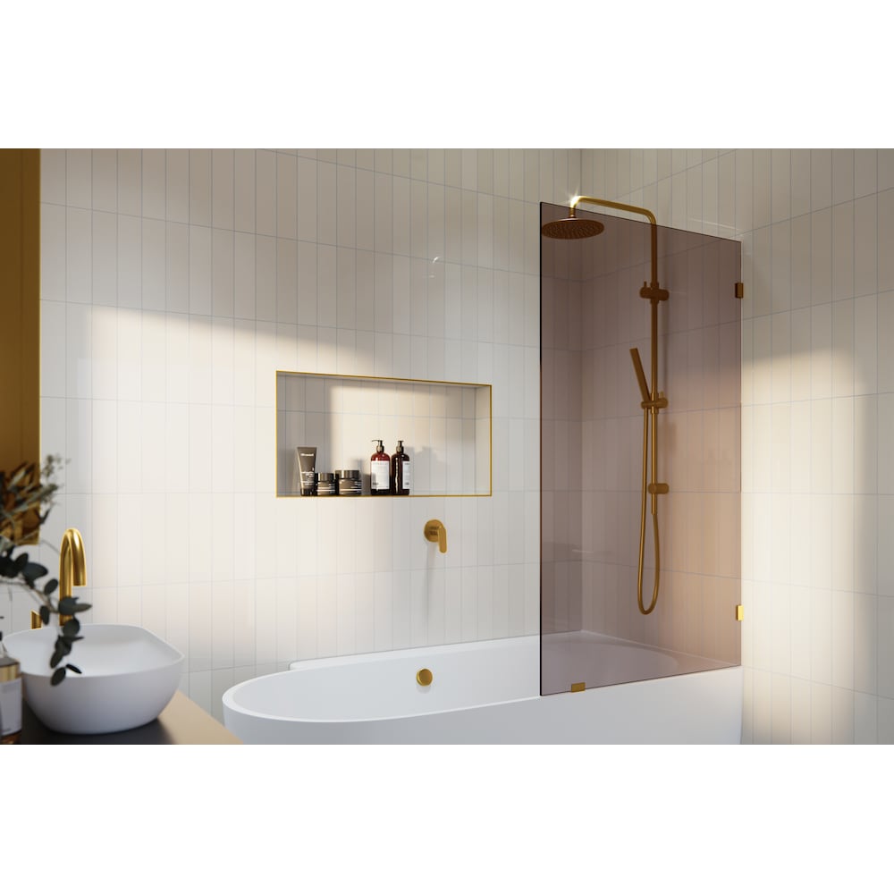 Porte de baignoire à panneau fixe simple Ursa de 34 po de largeur x 58,25 po de hauteur en laiton satiné avec verre teinté