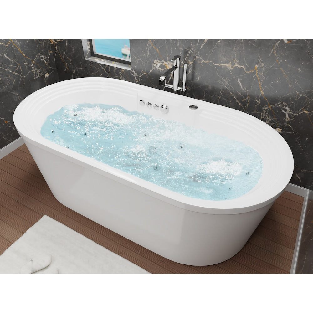Baignoire à remous et à air autoportante en acrylique Sofi de 67,37 pouces avec drain central en blanc