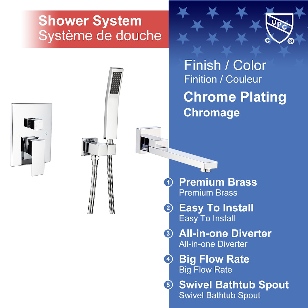 Robinet de baignoire romaine à poignée unique en chrome avec bec pivotant et valve brute