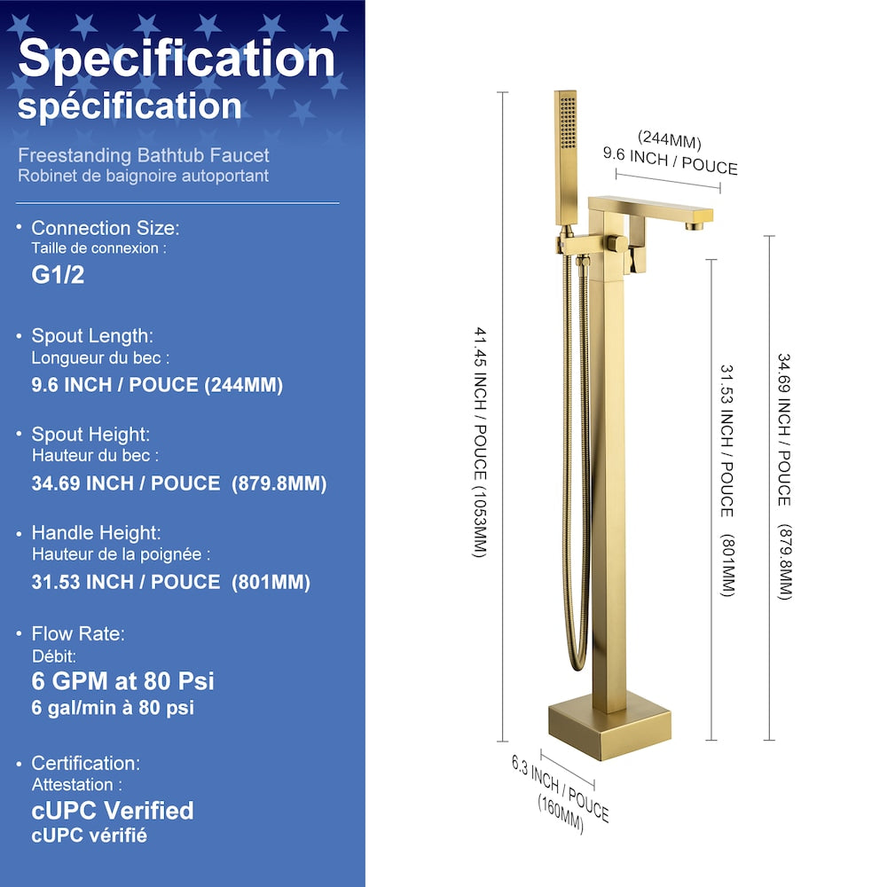 8010LSJ 1 Handle Floor Mounted Clawfoot Tub Faucet with Diverter and Hand Shower in Brushed Gold