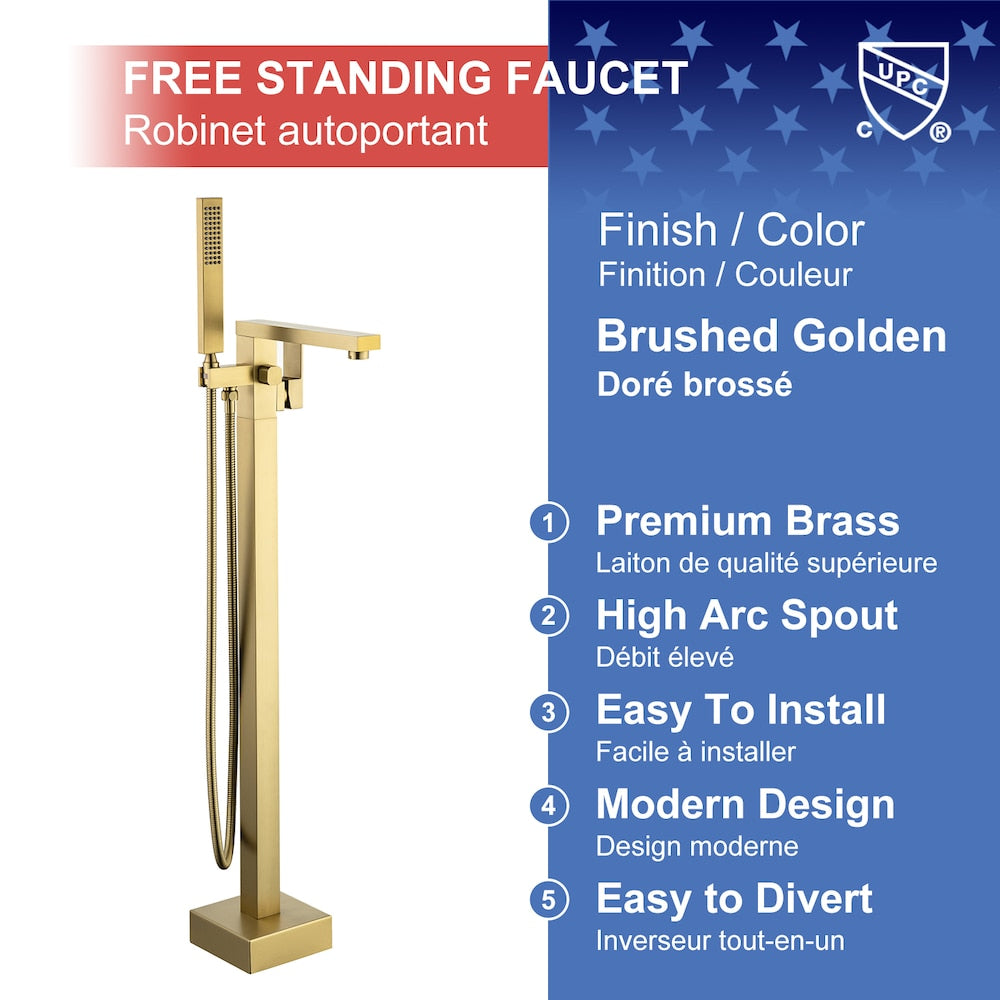 8010LSJ 1 Handle Floor Mounted Clawfoot Tub Faucet with Diverter and Hand Shower in Brushed Gold