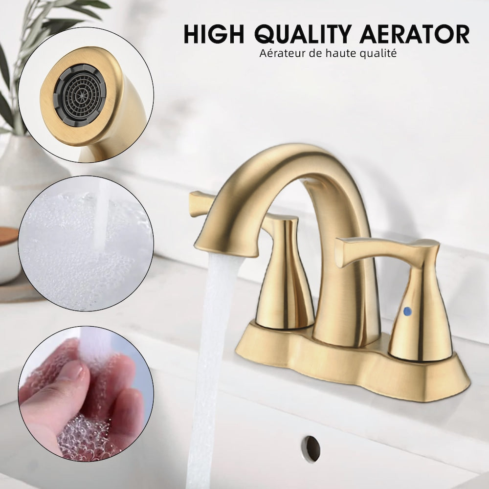 4 in. Centerset Double Handle Bathroom Faucet with Pop-up Drain in Brushed Gold
