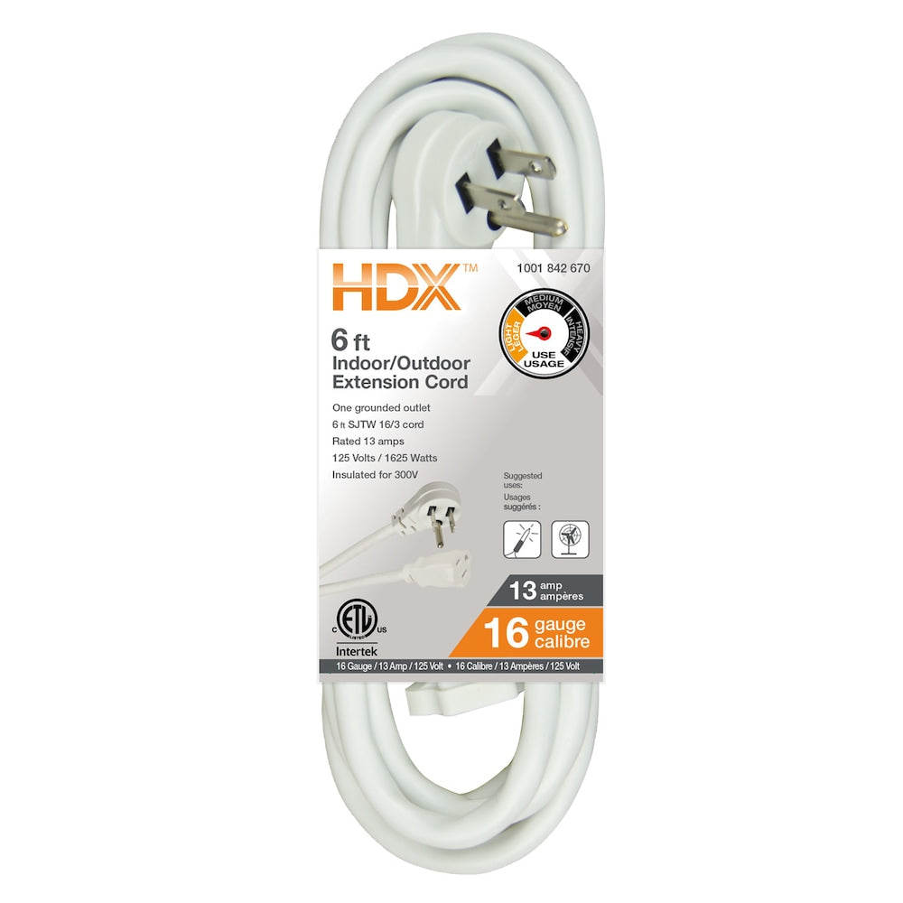 6 ft. 16 Gauge 13 Amps White Indoor & Outdoor Light Duty Extension Cord