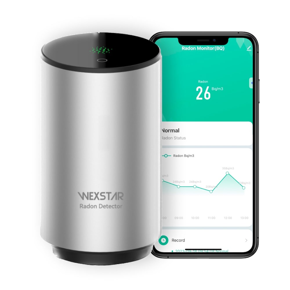 Détecteur de radon intelligent Bq/M3 Connexion à l'application mobile WiFi, surveillance à court/long terme, alerte sonore/lumineuse