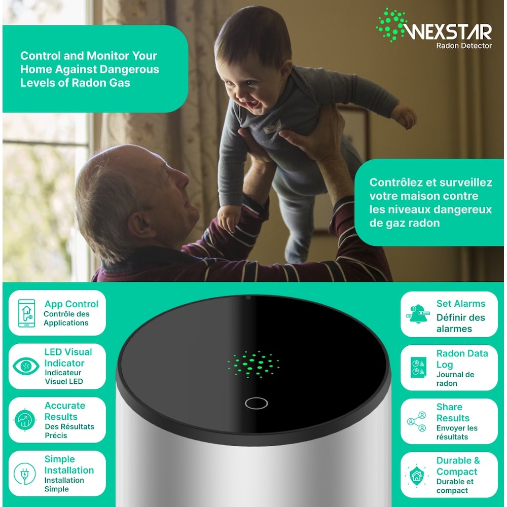 Détecteur de radon intelligent Bq/M3 Connexion à l'application mobile WiFi, surveillance à court/long terme, alerte sonore/lumineuse