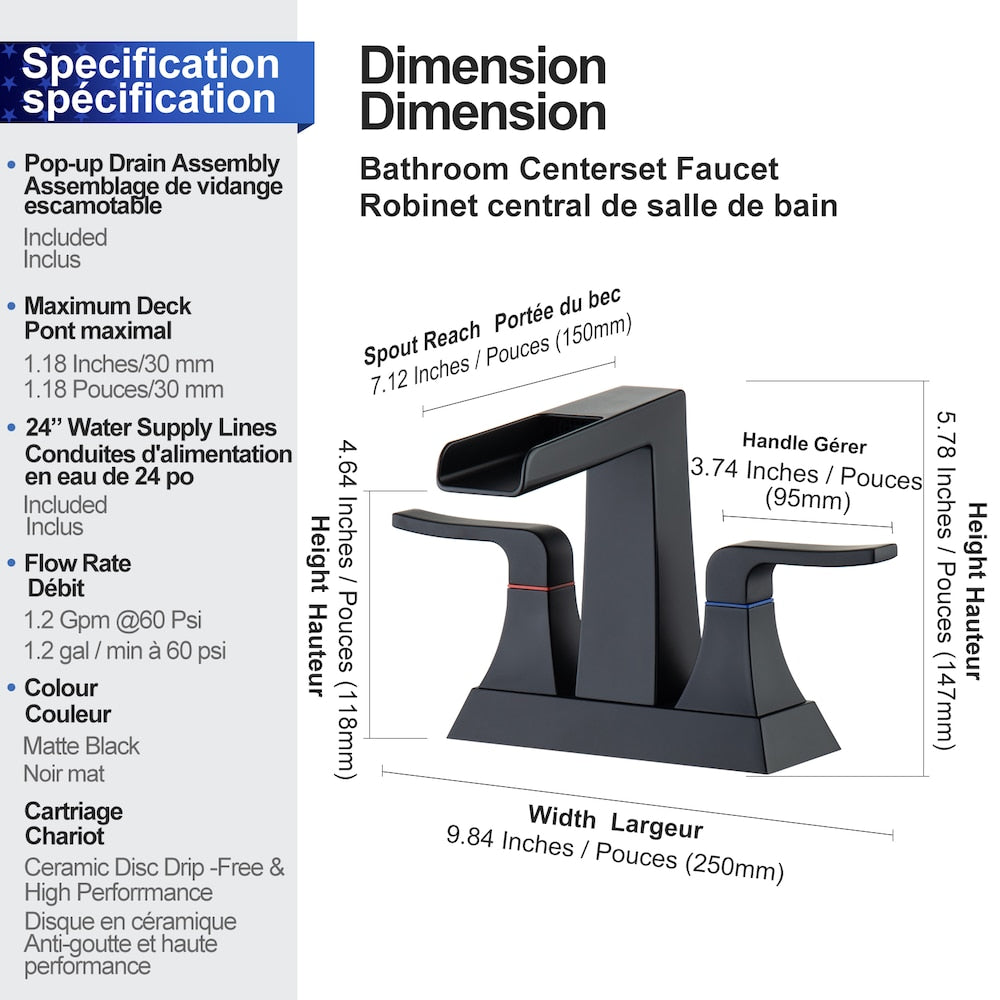 A2 Centerset Faucet 4-inch 2-Handle Bathroom Faucet with Drain Assembly in Matte Black